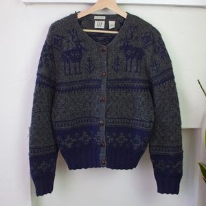 Women's Vintage Gap Holiday Wool Cardigan in Navy Blue & Gray Medium